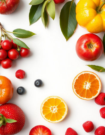 Flat lay composition with fresh fruits on white background, space for textの写真素材
