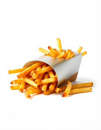 French fries in a paper box on a white background. Isolated