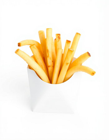 French fries in a paper box on a white background, isolated.
