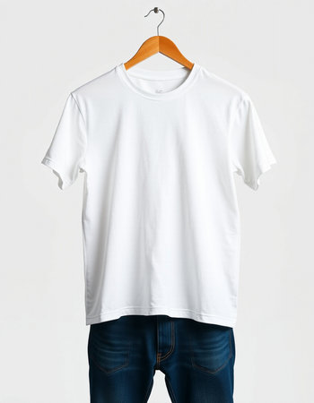 White t-shirt on a hanger on a white background.