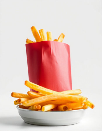 French fries in a red paper bag on a white background, close-upの写真素材