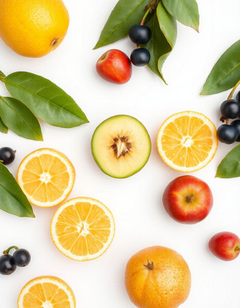 Fruits on white background. Healthy food concept. Flat lay, top view