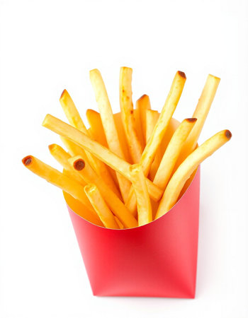 French fries in red box isolated on white background. Selective focus.