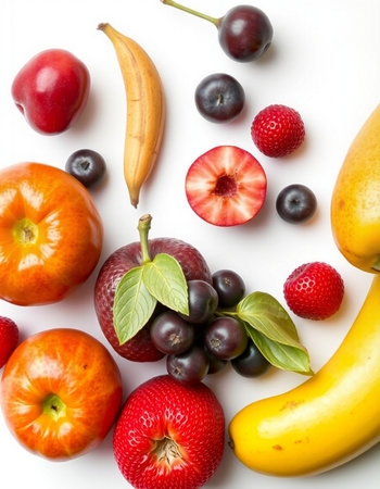 Fresh fruits and berries on a white background. Flat lay, top viewの写真素材