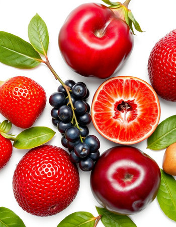 Fruits and berries on white background. Isolated. Top view.の写真素材