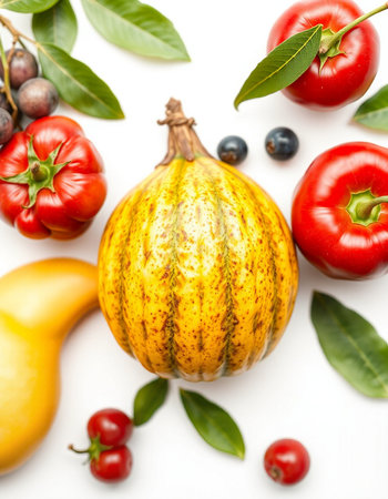 Autumn fruits and vegetables isolated on white background. Top view.の写真素材