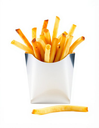 French fries in a paper box on a white background. Isolated