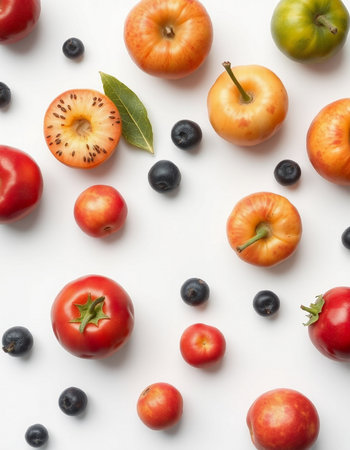 Flat lay composition with ripe fruits on white background, top viewの写真素材