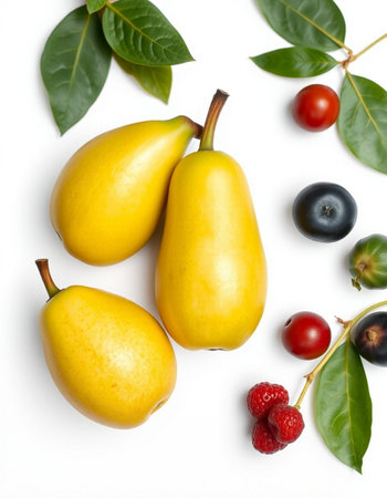 Ripe yellow pears with berries and leaves isolated on white backgroundの写真素材