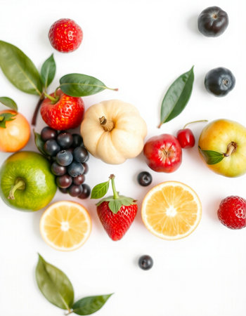 Fresh fruits and vegetables on white background. Top view. Flat layの写真素材