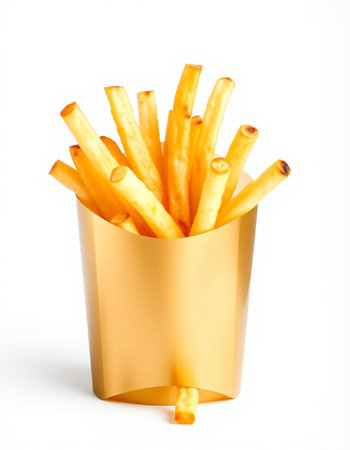 Golden French fries in a paper box isolated on a white background.