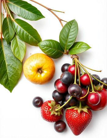 Fruits and berries on white background. Healthy food. Top view.の写真素材