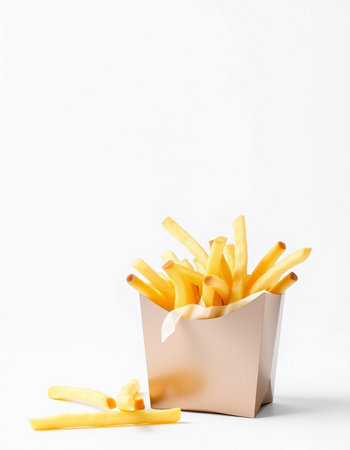 French fries in paper bag on white background. Fast food concept.