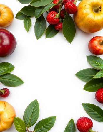 Frame of fresh fruits on white background. Flat lay, top viewの写真素材