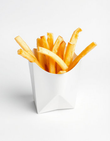 French fries in a white box on a white background. Fast food.