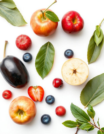 Fruits and berries on white background. Flat lay, top viewの写真素材