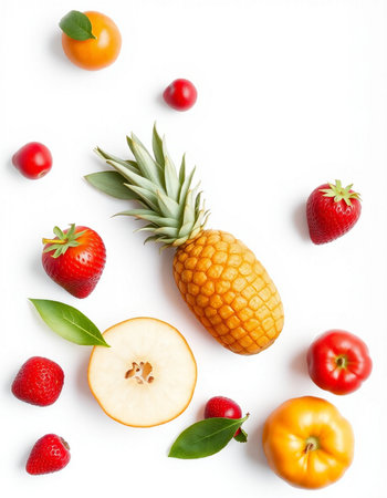 Creative layout made of fruits on white background. Flat lay, top viewの写真素材