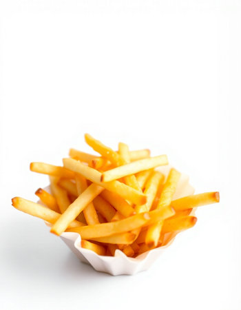 French fries on a white background. Selective focus. Shallow depth of field.