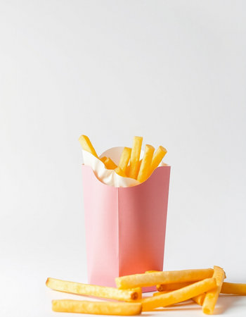 French fries in a pink paper bag on a white background. Fast food.の写真素材