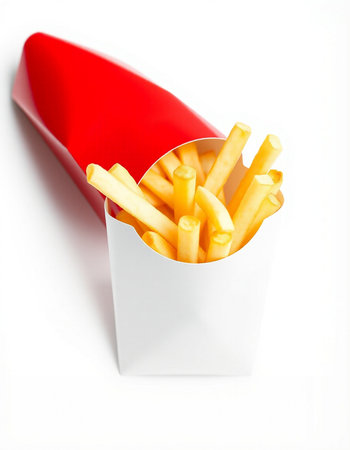 French fries in a paper box isolated on white background. Selective focus.