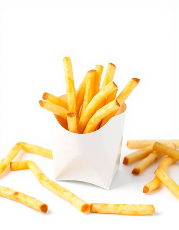 French fries in a white paper box isolated on a white background.