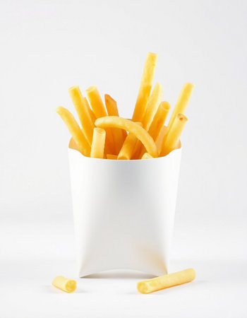 Golden French fries in a white paper cup on a white background.