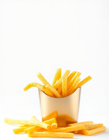 Golden French fries in a tin can isolated on a white background.
