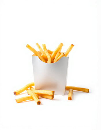 French fries in paper box isolated on white background. Selective focus.