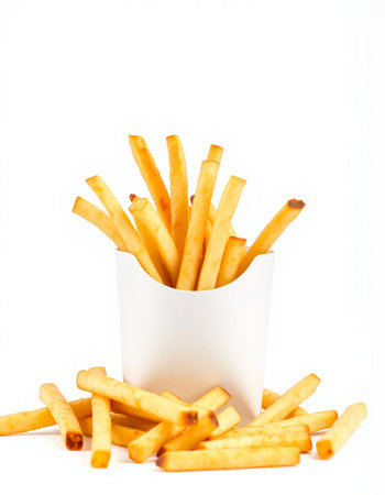 French fries in a white cup on a white background. Isolated