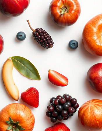 Fruits and berries on white background. Flat lay, top viewの写真素材