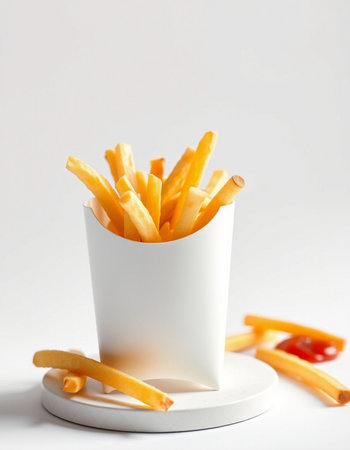 French fries in a paper cup on a white background. Close-up.