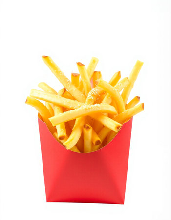 French fries in a red box isolated on white background. Fast food.