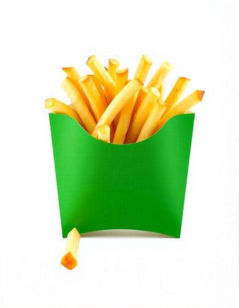 French fries in a green box on a white background. Isolated