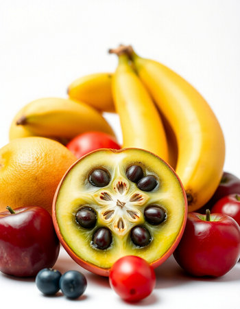 Fresh fruits and vegetables isolated on white background. Healthy food concept.の写真素材