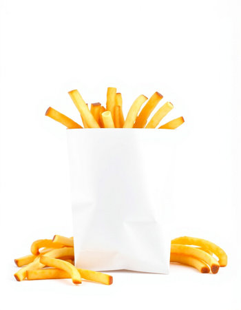 French fries in a white paper bag isolated on a white background.