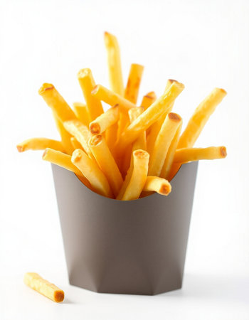 French fries in paper box isolated on white background. Selective focus.