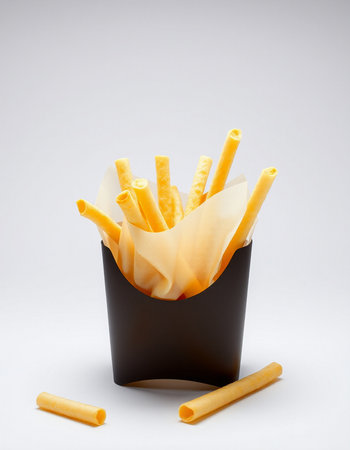 Close up of French fries in a black box on white background.の写真素材