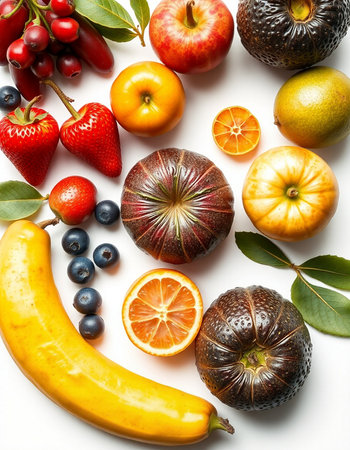 Fruits and berries on a white background. Healthy food concept.
