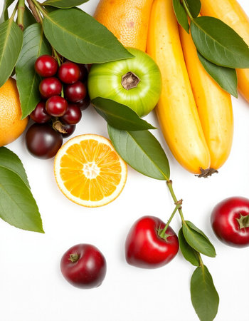 Fruits and vegetables isolated on white background. Healthy food concept.の写真素材