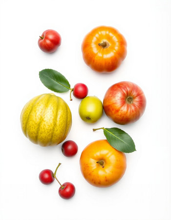Pumpkin, apple, cherry and plum isolated on white backgroundの写真素材