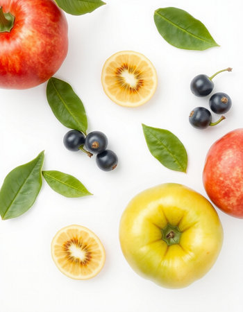 Red and yellow apples, black currant and lemon on white backgroundの写真素材