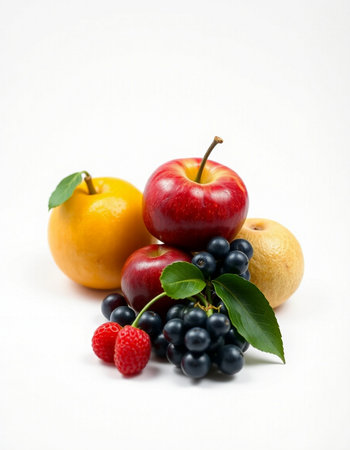 Fruits on a white background. Ripe red apples, blackberriescots and grapes.の写真素材