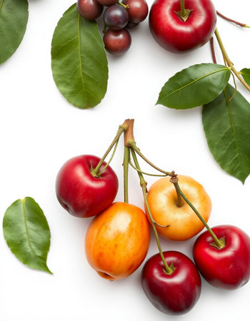 Cherries and plums with leaves isolated on white background.の写真素材