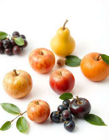 Apples, pears, grapes and cherries on white background