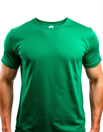 Green t-shirt on a mannequin isolated on white backgroundの写真素材