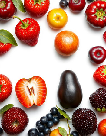 Fruits and berries isolated on white background. Flat lay, top view