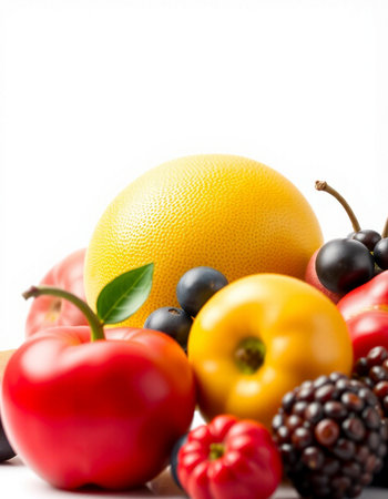 Fresh fruits and vegetables isolated on white background. Healthy food concept.