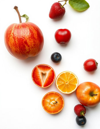 Fruits and vegetables on a white background. View from above.の写真素材