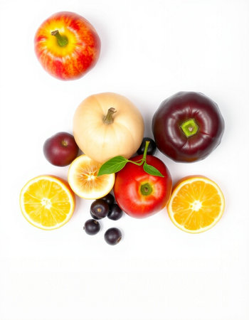 Fresh fruits and vegetables isolated on white background. Healthy food concept.の写真素材