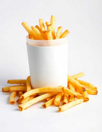 French fries in a paper cup on a white background. Fast food.